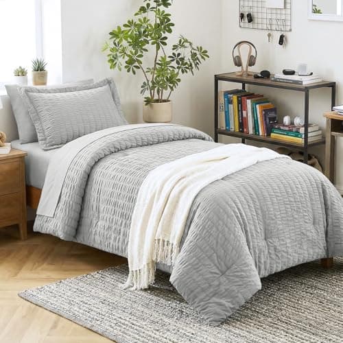CozyLux Twin XL Comforter Set Light Grey, 5 Pieces Seersucker Twin Extra Long Bed in a Bag, College Dorm Soft Down Alternative Bedding Sets with Comforter, Sheets, Pillowcase & Sham, Back to School