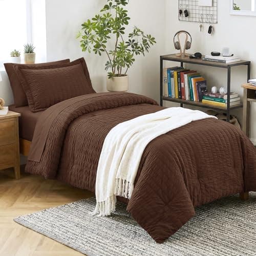 CozyLux Twin Comforter Set with Sheets 5 Pieces, Brown Seersucker Luxury Textured Bed in a Bag, All Season Soft Bedding Sets with Down Alternative Comforter, Sheets, Pillowcase & Sham, Bedroom Bed Set