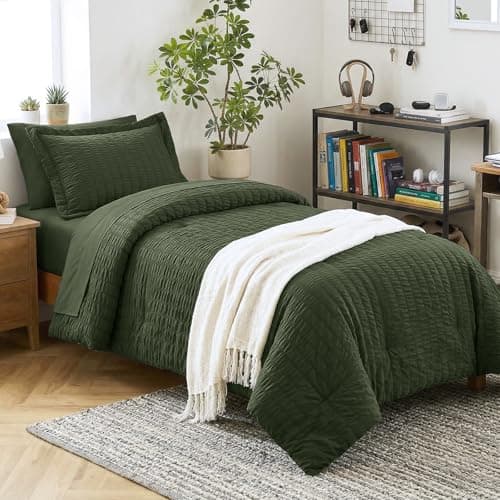 CozyLux Twin Comforter Set with Sheets 5 Pieces, Olive Green Seersucker Luxury Textured Bed in a Bag, All Season Bedding Set with Down Alternative Comforter, Sheets, Pillowcase & Sham, Bedroom Bed Set