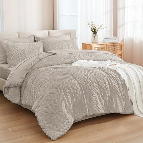 Andency Queen Comforter Set 7 Piece Linen - Bed in a Bag Queen Boho Lightweight Fluffy Tufted Bedding Sets with Comforter, Sheets, Pillowcases & Shams
