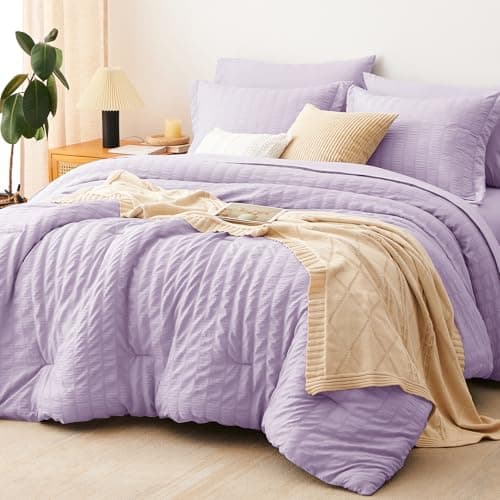 CozyLux Full Size Comforter Sets Light Purple, 7 Pieces Seersucker Textured Luxury Bed in a Bag Lavender, All-Season Bedroom Bedding Sets with Down Alternative Comforter, Sheets, Pillowcases & Shams