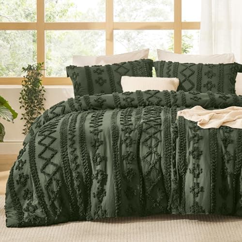 Bedsure Tufted Boho Comforter Set Twin Size - Olive Green Boho Bed Set, GentleSoft™ 2 Pieces Farmhouse-Style Embroidery Bedding, Gifts for Woman, Soft Jacquard Kids' Twin Comforter for All Seasons