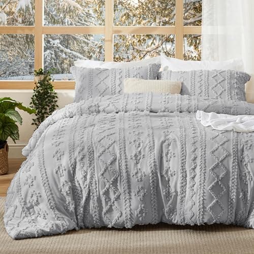 Bedsure Tufted Boho Comforter Set Twin Size - Light Grey Boho Bed Set, GentleSoft™ 2 Pieces Farmhouse-Style Embroidery Bedding, Gifts for Woman, Soft Jacquard Kids' Twin Comforter for All Seasons