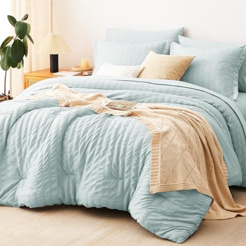 CozyLux Full Size Comforter Sets Ice Blue, 7 Pieces Seersucker Textured Luxury Bed in a Bag, All-Season Soft Bedding Sets with Down Alternative Comforter, Sheets, Pillowcases & Shams, Bedroom Bed Set