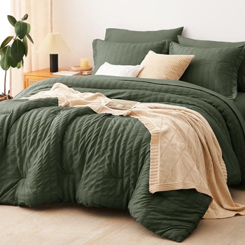 CozyLux King Size Comforter Set Dark Green, 7 Pieces Seersucker Textured Luxury Bed in a Bag, All-Season Soft Bedding Sets with Down Alternative Comforter, Sheets, Pillowcases & Shams, Bedroom Bed Set