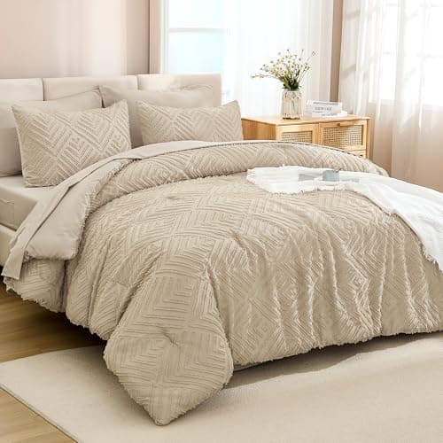 Andency Khaki Full Size Comforter Set with Sheets - 7 Pieces Bed in a Bag Boho Tufted Bedding Sets Fluffy Lightweight Full Bed Set with Comforter, Sheets, Pillowcases & Shams for All Season